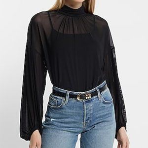 Express - Mesh Gathered Mock Neck Blouson Sleeve Top - NWT